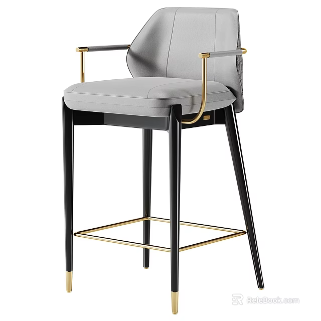 Modern Elegant Bar Stool With Gray Leather Seat Gold Armrests And Black High Frame 3d model 