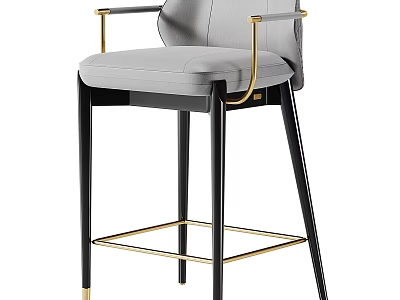 Modern Elegant Bar Stool With Gray Leather Seat Gold Armrests And Black High Frame 3d model