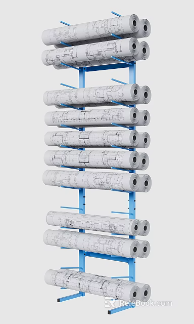 Blue Frame Blueprint Storage Rack With Multiple Layers For Engineering Drawings 3d model 