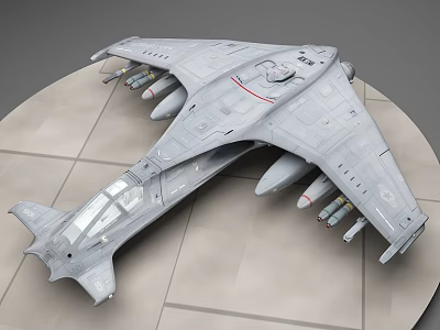 Gray Detailed Aircraft Model Featuring Structured Body And Attached Missiles On Display Platform 3d model