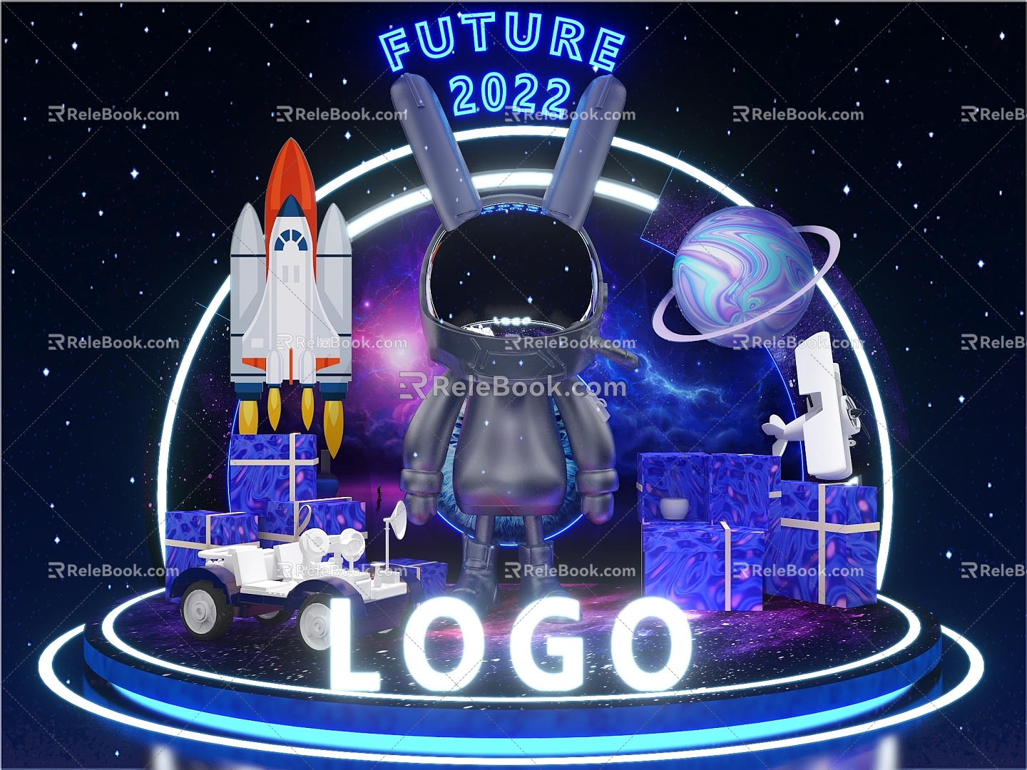 The future of science and technology Cyberpunk style astronaut mechanical rabbit starry sky beauty Chen photo clock 3d model