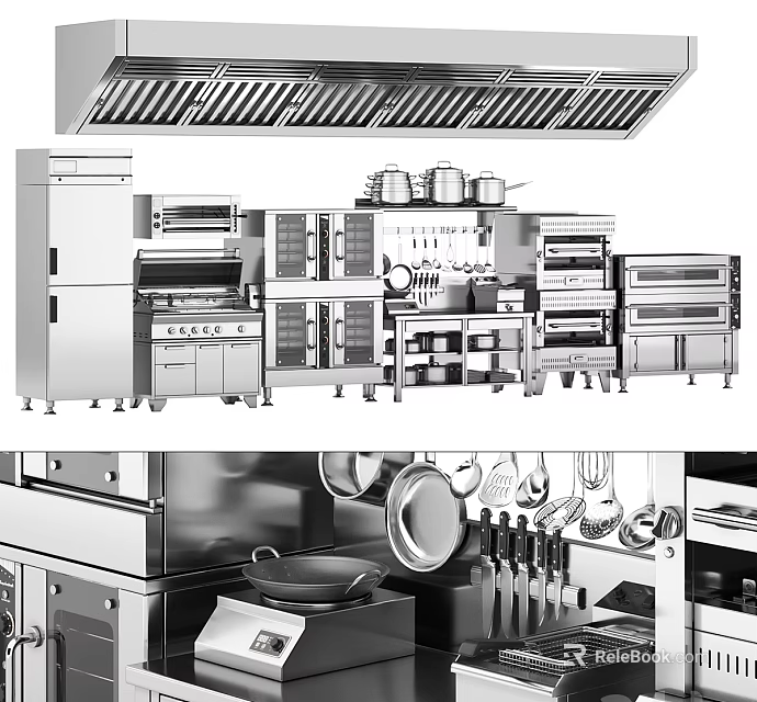 Stainless Steel Commercial Kitchen Equipment With Ovens Refrigerators Range Hoods And Utensils Like Pans Knives 3d model 