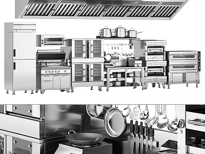 Stainless Steel Commercial Kitchen Equipment With Ovens Refrigerators Range Hoods And Utensils Like Pans Knives 3d model