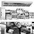Stainless Steel Commercial Kitchen Equipment With Ovens Refrigerators Range Hoods And Utensils Like Pans Knives