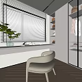 Modern Walk in Closet with Window Blinds Dressing Counter Stool and Hanging Clothes