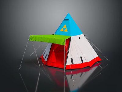 Colorful Teepee Tent With Blue Top Yellow Triangle Symbol White Red Base And Green Awning 3d model