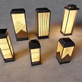 Illuminated Outdoor Lamps In Various Sizes With Black Bases Transparent Shades And Mountain Stripe Patterns