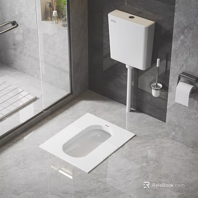 Modern Bathroom Interior Featuring Squat Toilet Gray Tiles Glass Shower And Paper Holder 3d model 