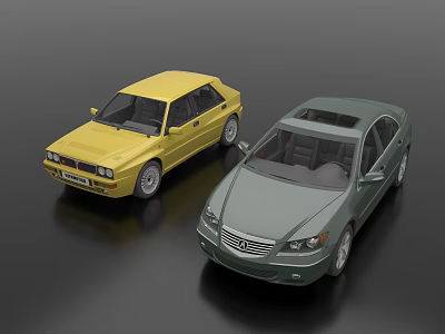 Two Yellow And Green Sedan Model Cars Display On Black Background 3d model