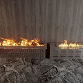 Two Modern Fireplaces With Burning Flames Grill Design And Wooden Wall Background