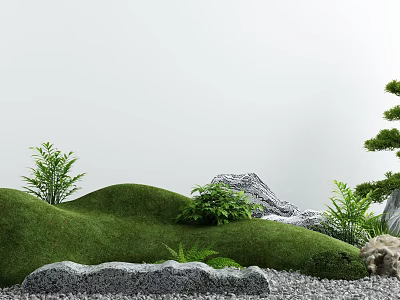 Traditional Karesansui Garden Features Green Grassy Mounds Gray Stones And Small Plants 3d model