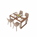 Modern Wooden Dining Table With Beige Chairs Tableware Wine Glasses And Fruits