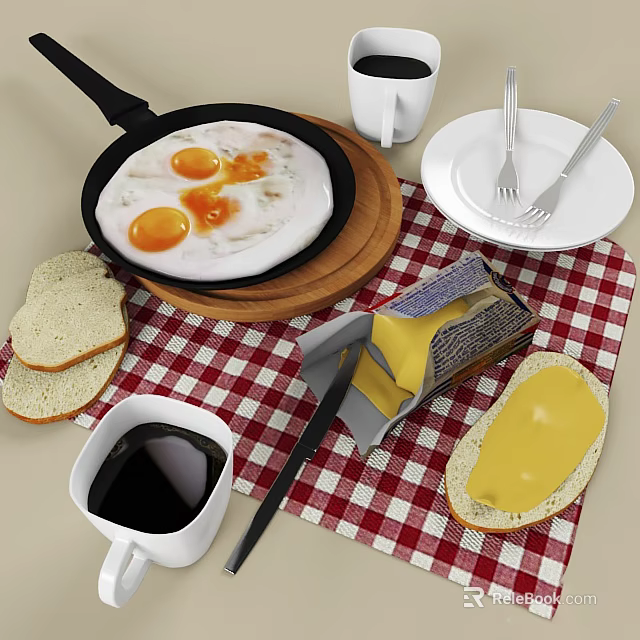 Homemade Breakfast Platter With Fried Eggs Bread Coffee And Cheese 3d model 