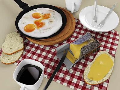 Homemade Breakfast Platter With Fried Eggs Bread Coffee And Cheese 3d model
