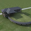 Two Story Guesthouse Building Exterior With White Walls Dark Balconies And Grassland Path View