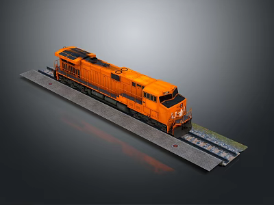 Orange Train Locomotive Model with Shiny Exterior on Detailed Railway Track 3d model
