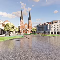 European Style Commercial Street With Plaza Greenery Fountains And Traditional Buildings