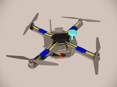 Gray Quadcopter Drone With Blue Yellow Accents And Camera Mount 3d model