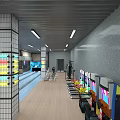 Indoor Sports Fitness Center Featuring Bowling Lanes Game Machines Strip Lights And Wooden Flooring