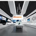 Modern Hi-Tech Exhibition Hall With White Black Linear Design Multiple Screens And Display Tables