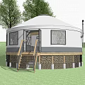 White Dome Canopy Tent with Diamond Pattern Windows and Wooden Stairs in Natural Outdoor Area