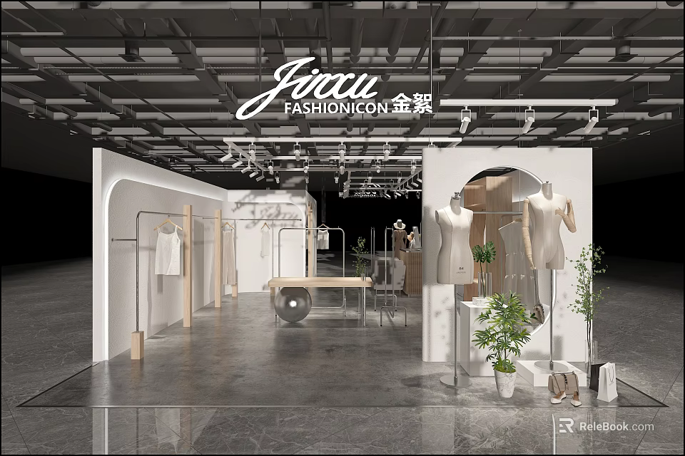 Modern Clothing Store Interior Design With Clothing Racks Mannequins And Green Plants 3d model 