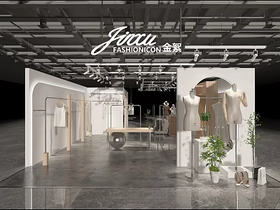 Modern Clothing Store Interior Design With Clothing Racks Mannequins And Green Plants 3d model