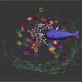 Small Humanoid Character in Transparent Sphere with Blue Whale White Mushroom Objects and Colorful Coral 3d model