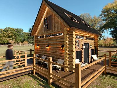 Wooden Coffee House With Black Roof Terrace Chairs Tables Green Lawn And Trees 3d model