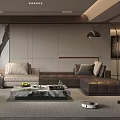 Modern Living Room Interior With Brown L shaped Sofa And Marble Coffee Table