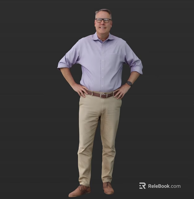 A Man In Purple Shirt And Khaki Pants With Hands On Hips Against Dark Background 3d model 