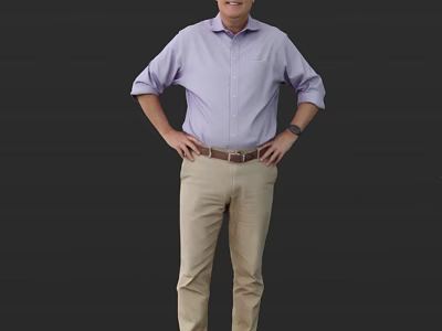 A Man In Purple Shirt And Khaki Pants With Hands On Hips Against Dark Background 3d model