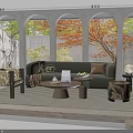 Living Room Interior Design With Arched Windows Autumn Foliage View Green Sofa And Decor Elements
