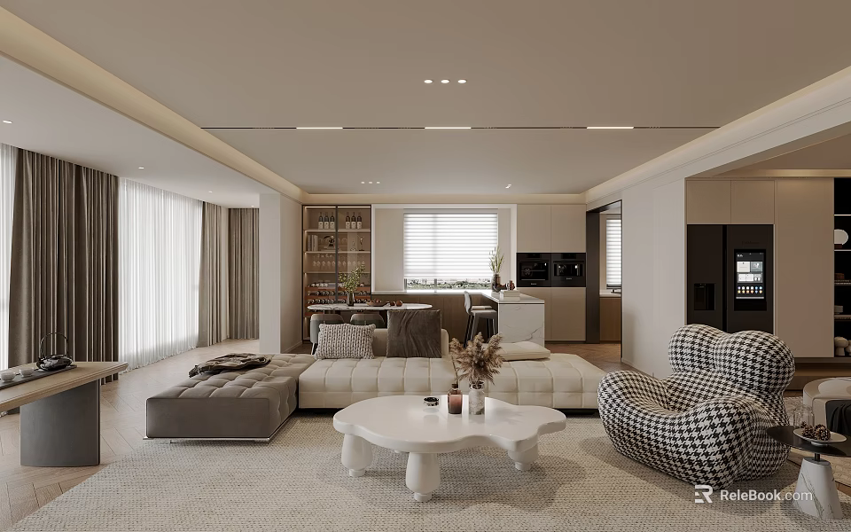 Modern Living Room Interior Design With L Shaped Sofa White Coffee Table And Checkered Armchair 3d model 
