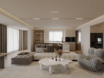 Modern Living Room Interior Design With L Shaped Sofa White Coffee Table And Checkered Armchair 3d model