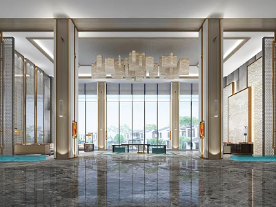 Elegant Hotel Lobby Interior With Grand Chandelier Large Windows And Marble Floor 3d model