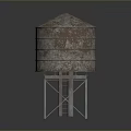 Cylindrical Rusted Metal Water Tower With Ladder And Support Stand Structure