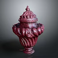 Elegant Red Decorative Urn With Intricate Lid And Swirled Patterns Design