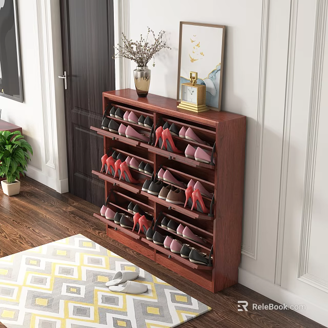 Wooden Tiered Shoe Cabinet with Colorful Shoes Decorative Vase and Frame in Home Interior 3d model 