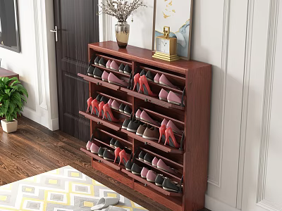 Wooden Tiered Shoe Cabinet with Colorful Shoes Decorative Vase and Frame in Home Interior 3d model