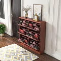 Wooden Tiered Shoe Cabinet with Colorful Shoes Decorative Vase and Frame in Home Interior