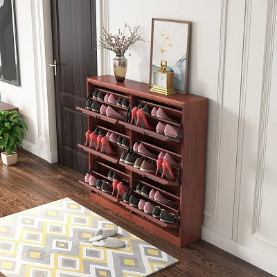 Wooden Tiered Shoe Cabinet with Colorful Shoes Decorative Vase and Frame in Home Interior 3d model