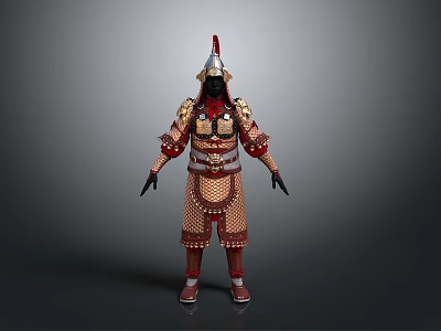 Man Wearing Traditional Red and Gold Full Body Armor with Helmet 3d model