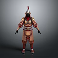 Man Wearing Traditional Red and Gold Full Body Armor with Helmet