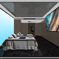 SPA Sauna Relaxation With Blue Beds Red Dark Wood Arched Doorway TV Screen Wooden Floor