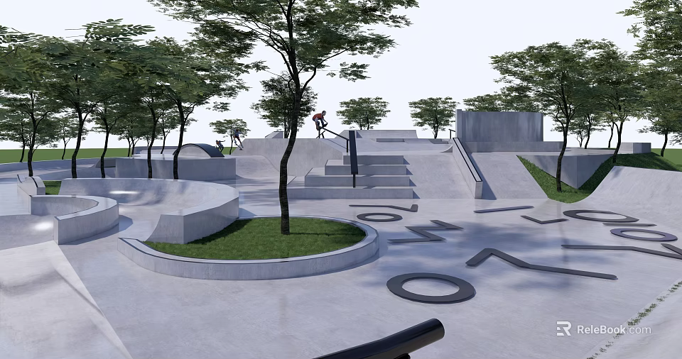 Modern Skate Park Design With Trees Steps Ramps And Letter Patterns On Ground 3d model 