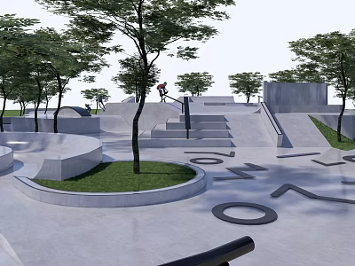 Modern Skate Park Design With Trees Steps Ramps And Letter Patterns On Ground 3d model