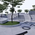 Modern Skate Park Design With Trees Steps Ramps And Letter Patterns On Ground