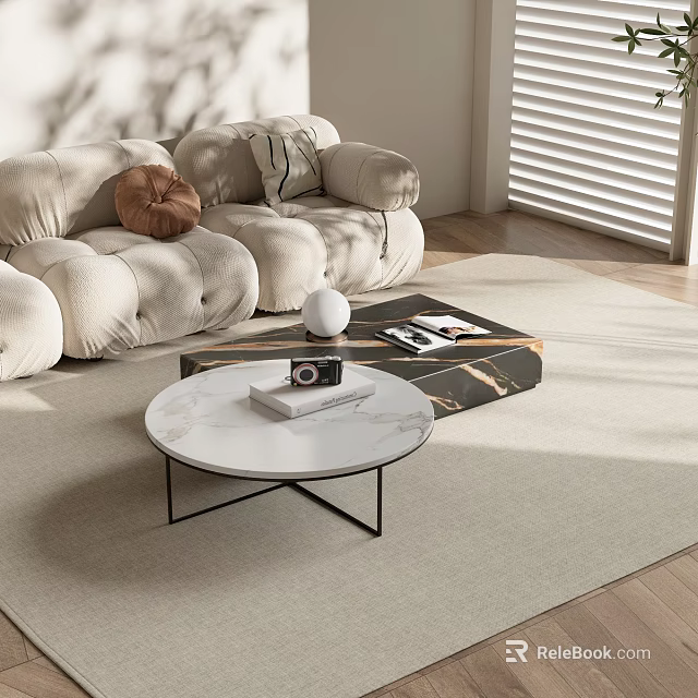 Modern Round Marble Coffee Table with Black Metal Frame Camera and Books in Living Room 3d model 
