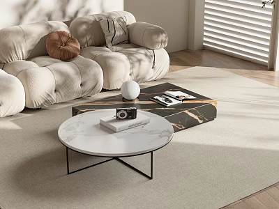Modern Round Marble Coffee Table with Black Metal Frame Camera and Books in Living Room 3d model